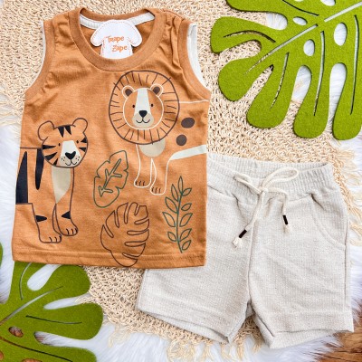  Conj. Regata Safari e Bermuda em Linho - Ferrugem e Areia